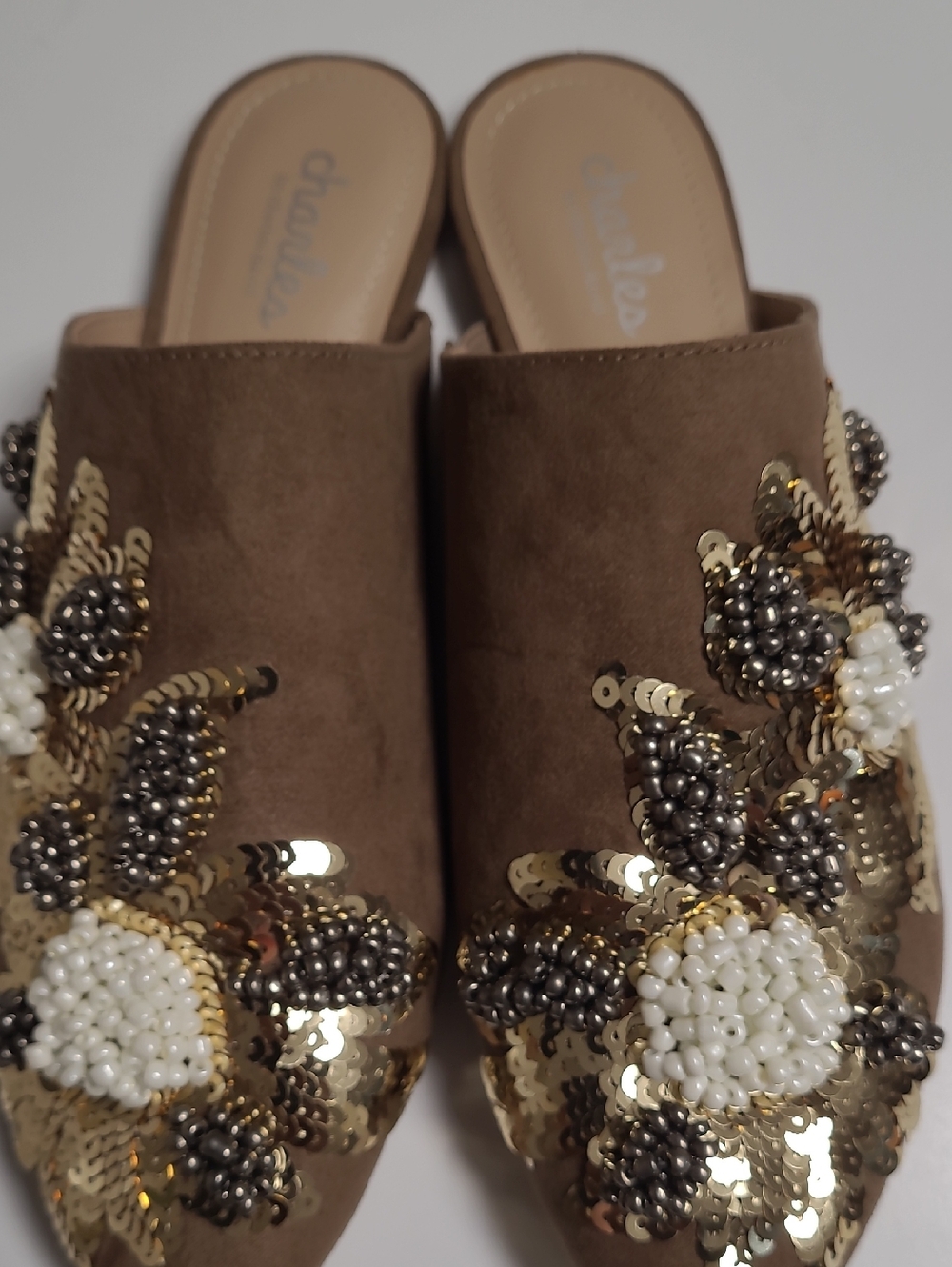 Charles by Charles David Embellished Tan Fickle Sequined Slip-On Womens Slides